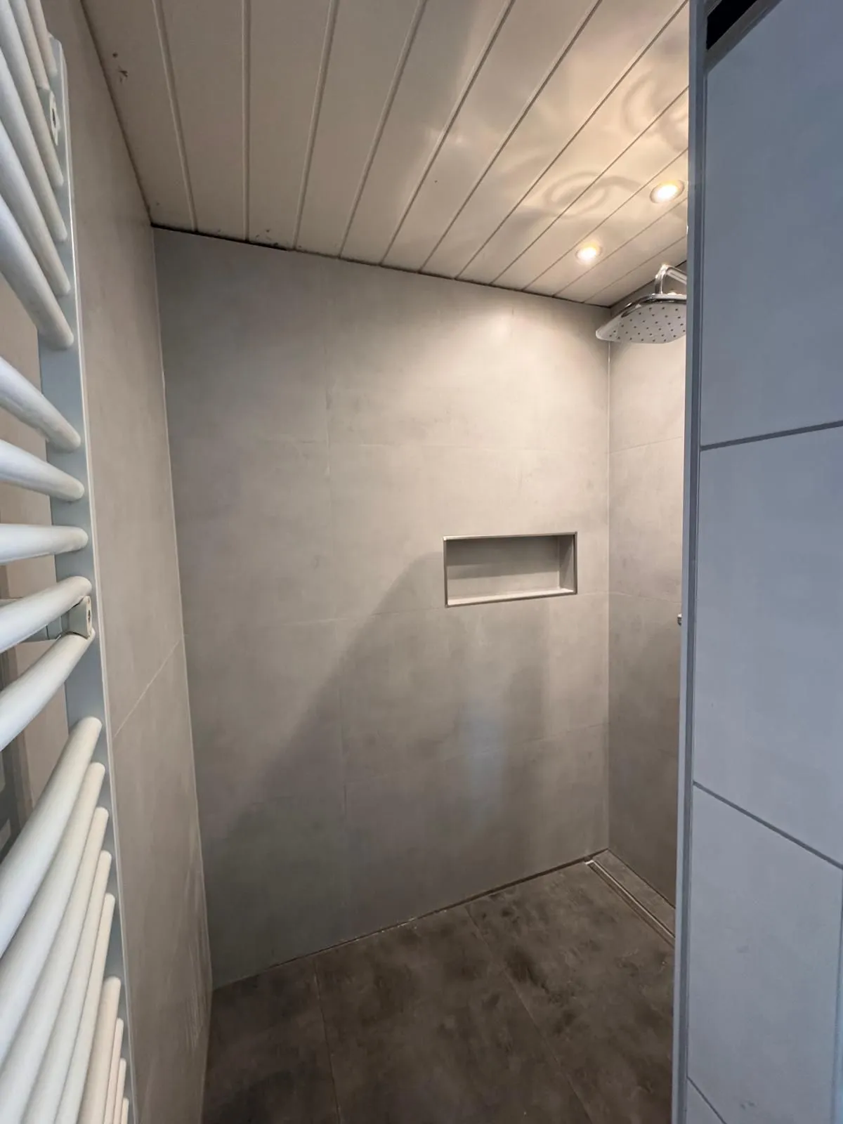 Walk-in-Dusche in Betonoptik mit Nische